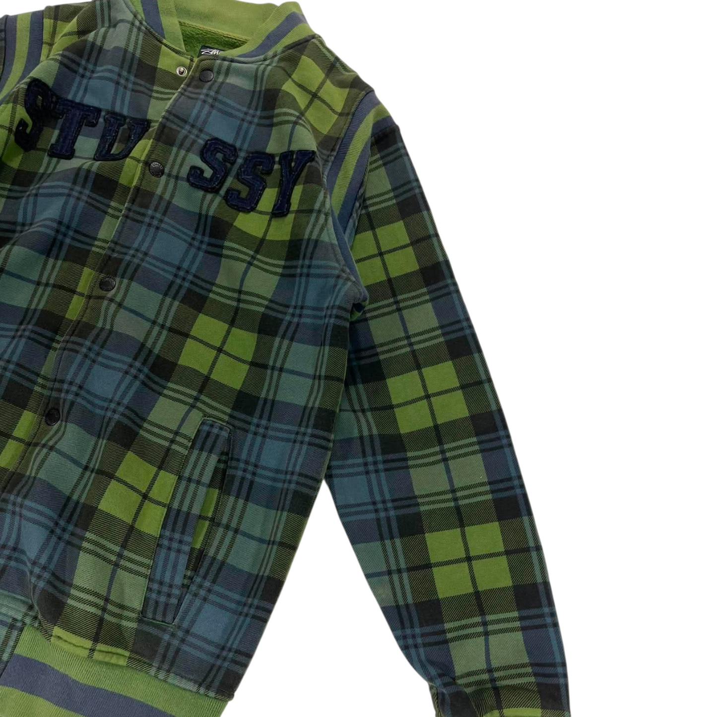 VINTAGE EMBROIDERED STUSSY GREEN PLAID VARSITY JACKET (M)