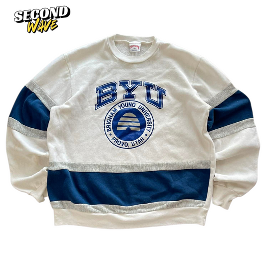 90S BYU BRIGHAM YOUNG UNIVERSITY PROVO UTAH WHITE CREWNECK SWEATSHIRT (L)