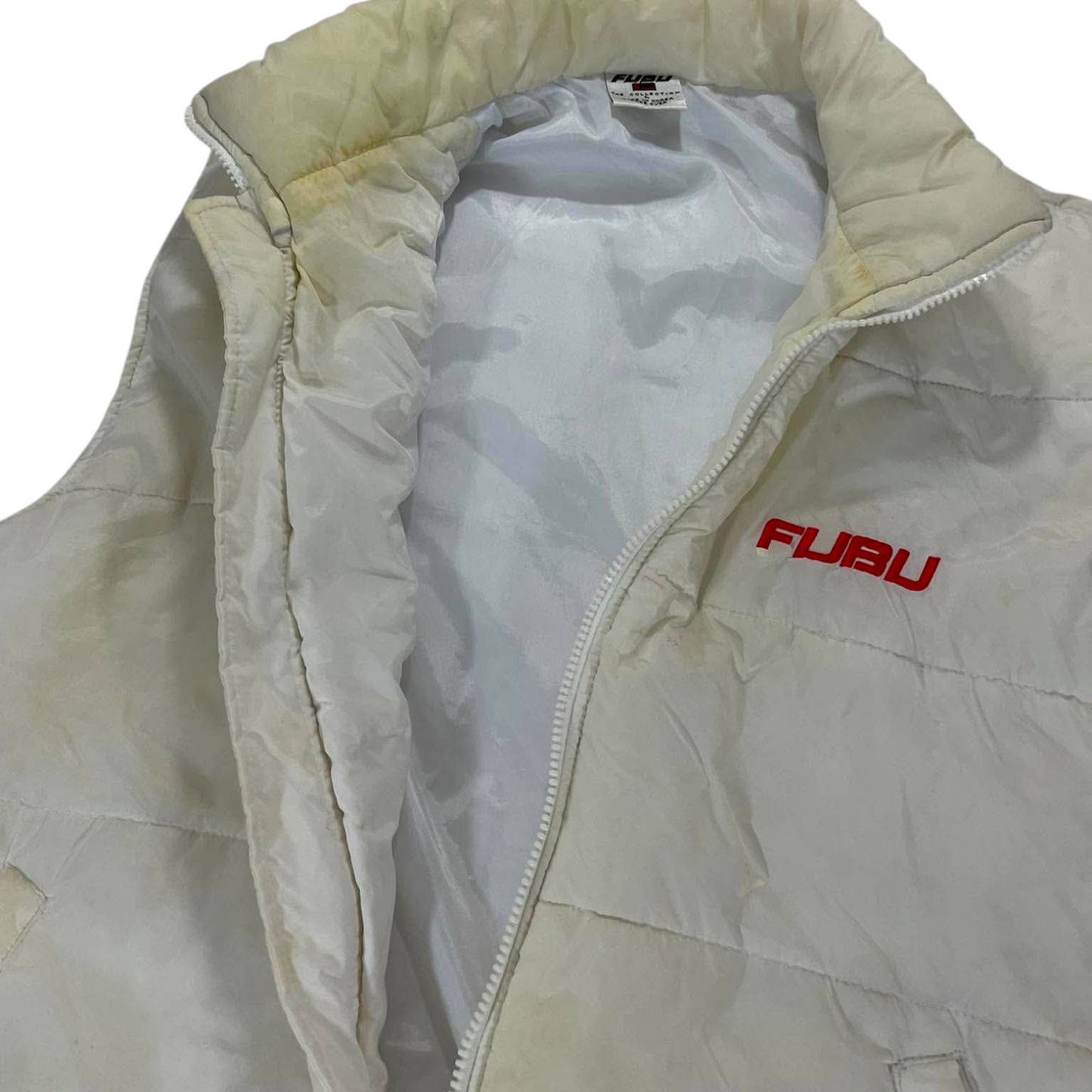 VINTAGE TRASHED FUBU WHITE PUFFER VEST (L)