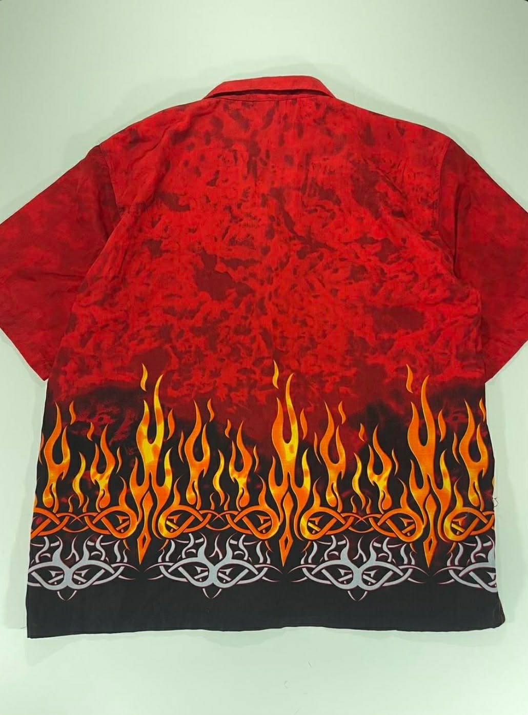 Y2K RED FLAME BUTTON UP SHIRT WITH A UNIQUE DESIGN