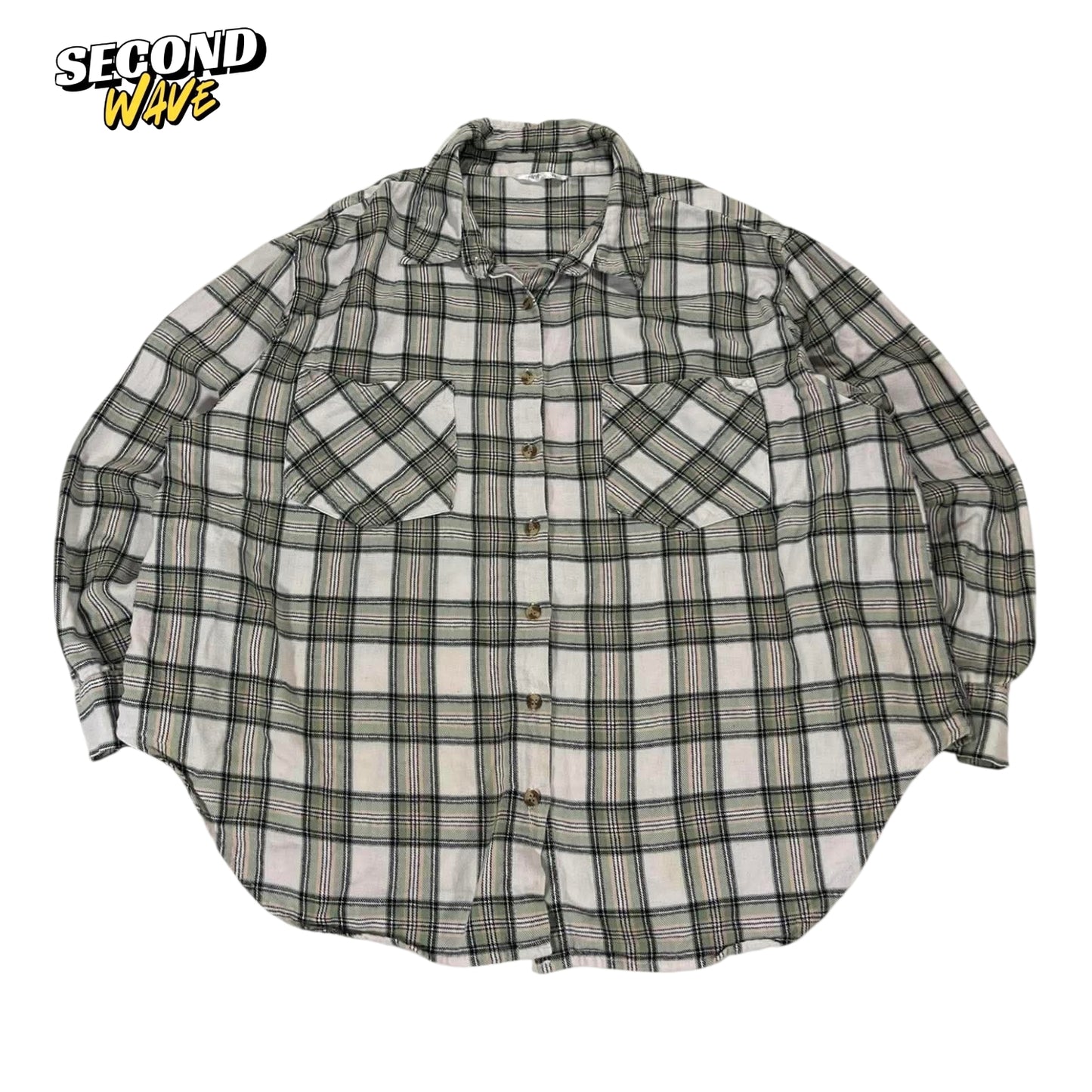 VINTAGE SPIRIT GREEN AND WHITE PLAID BUTTON-UP (XL)