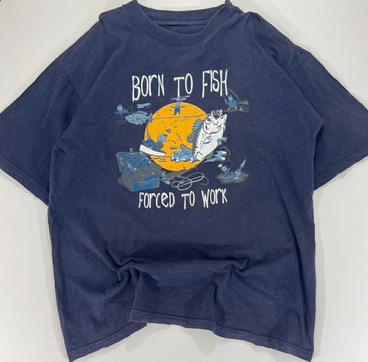 VINTAGE BORN TO FISH FORCED TO WORK NAVY BLUE COTTON TSHIRT(L-XL)