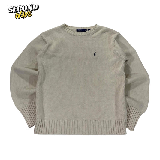 VINTAGE 100% COTTON POLO RALPH LAUREN CREAM COTTON KNIT SWEATER (M-L)