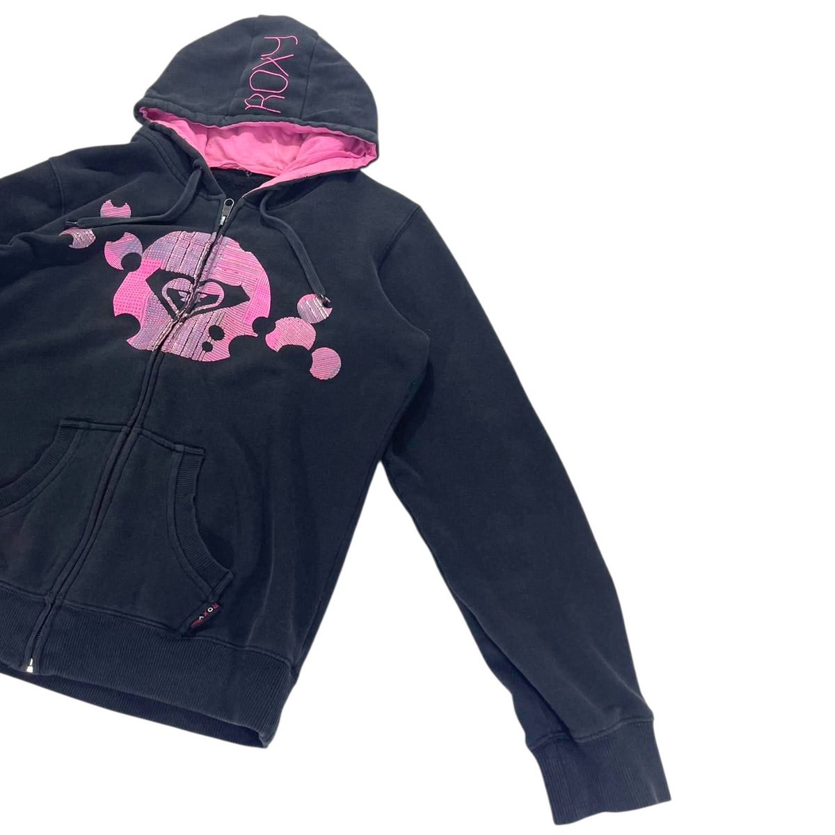 Y2K TRASHED VIBES ROXY BLACK ZIP UP HOODIE (M)