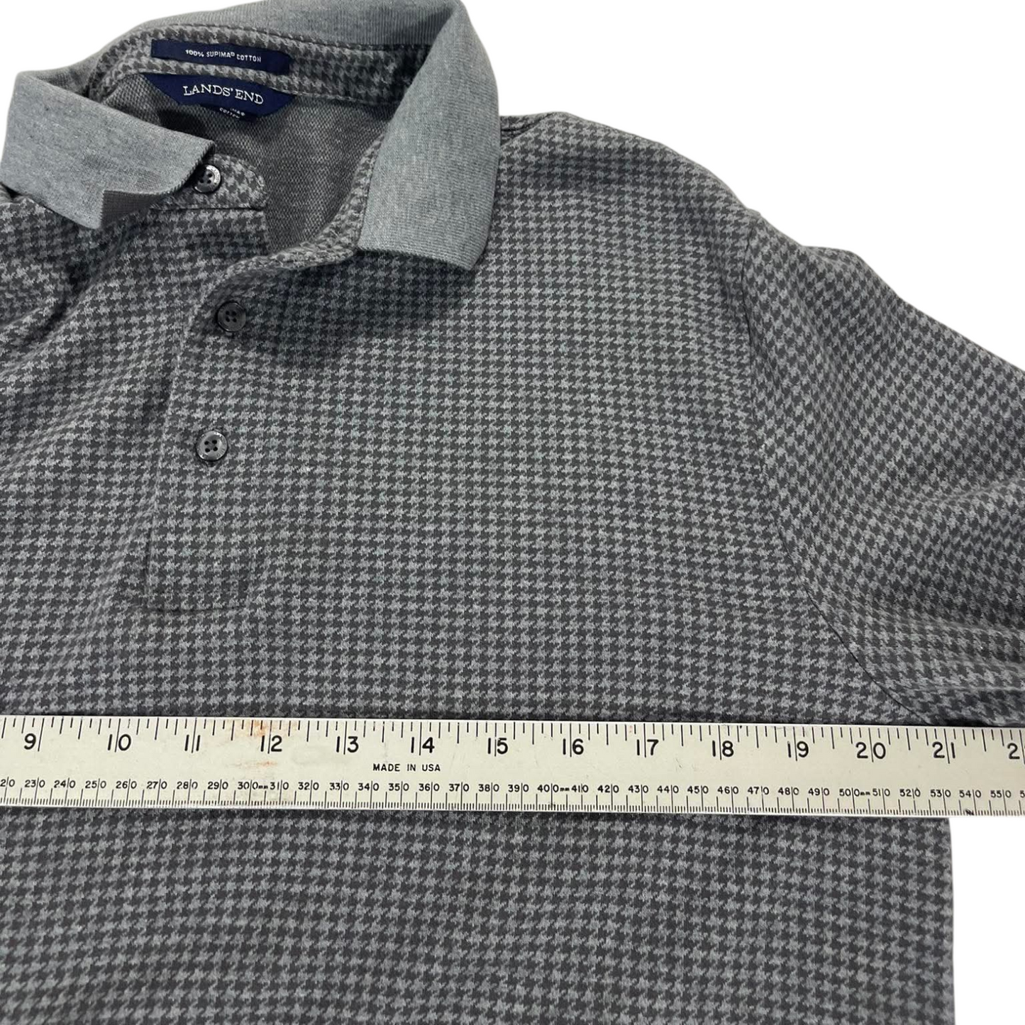 LANDS 'END GREY HOUNDSTOOTH LONG SLEEVE POLO SHIRT (M)