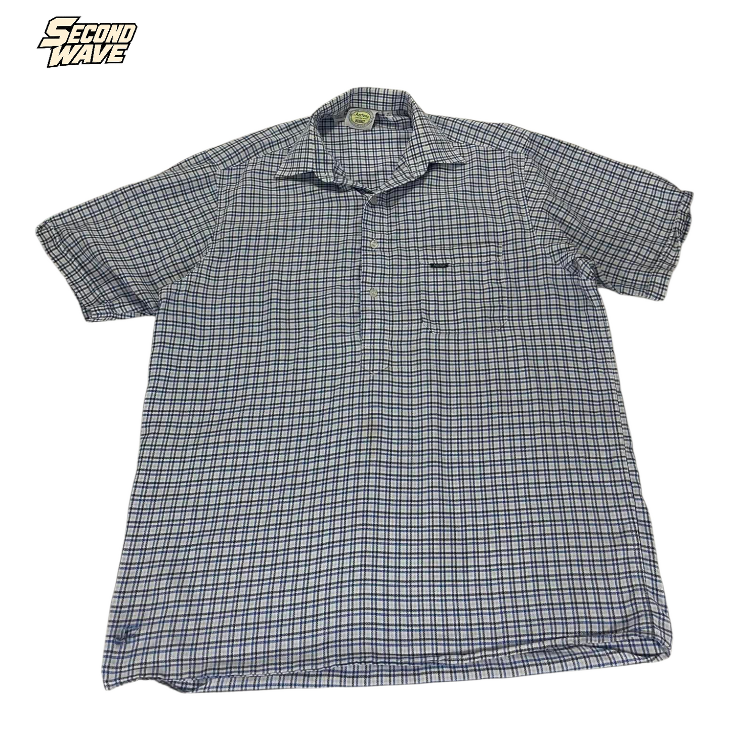 AERTEX BLUE & WHITE PLAID COTTON BUTTON (M)