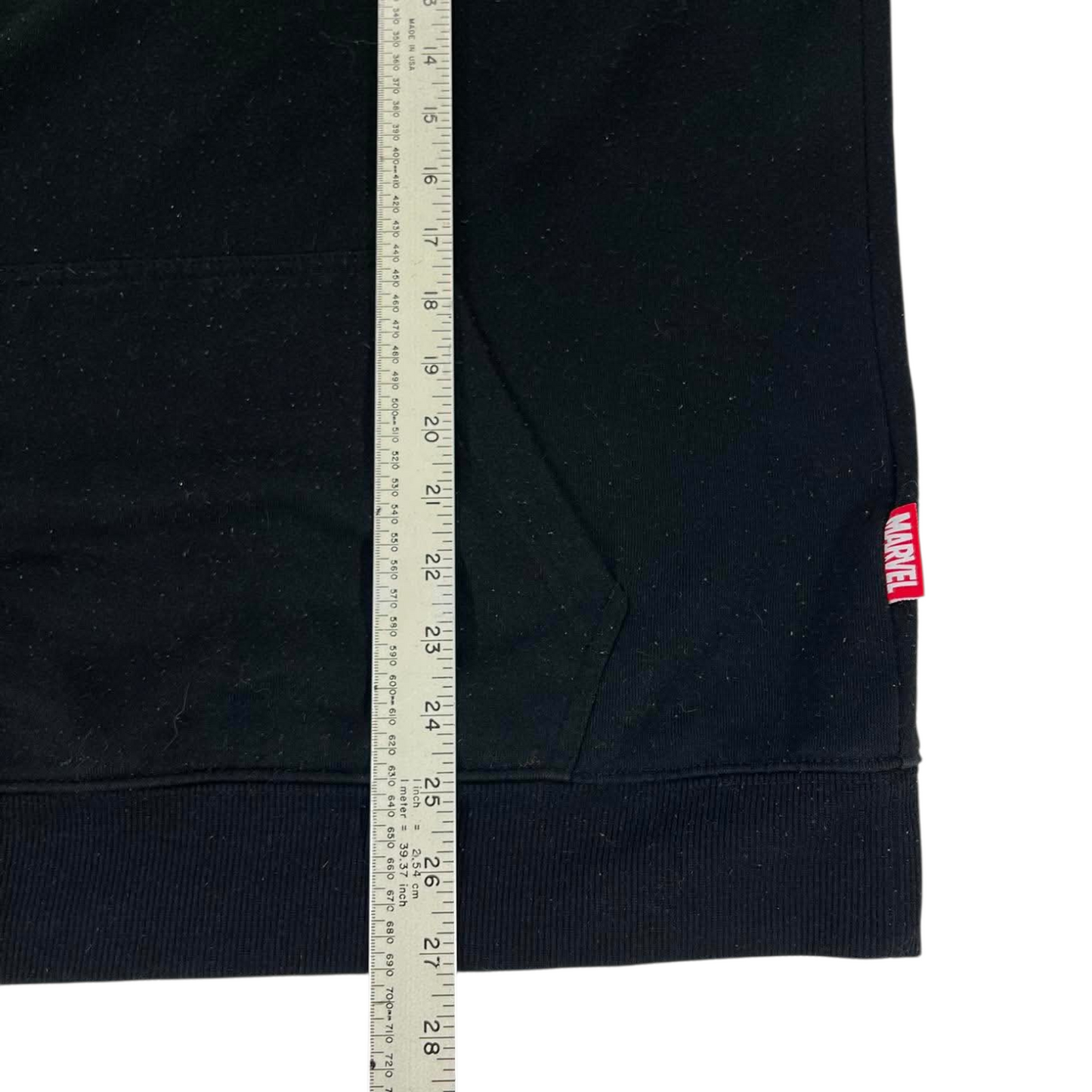 VINTAGE MARVEL BLACK HOODIE WITH RED LOGO AND WHITE TEXT ON SLEEVES (L)