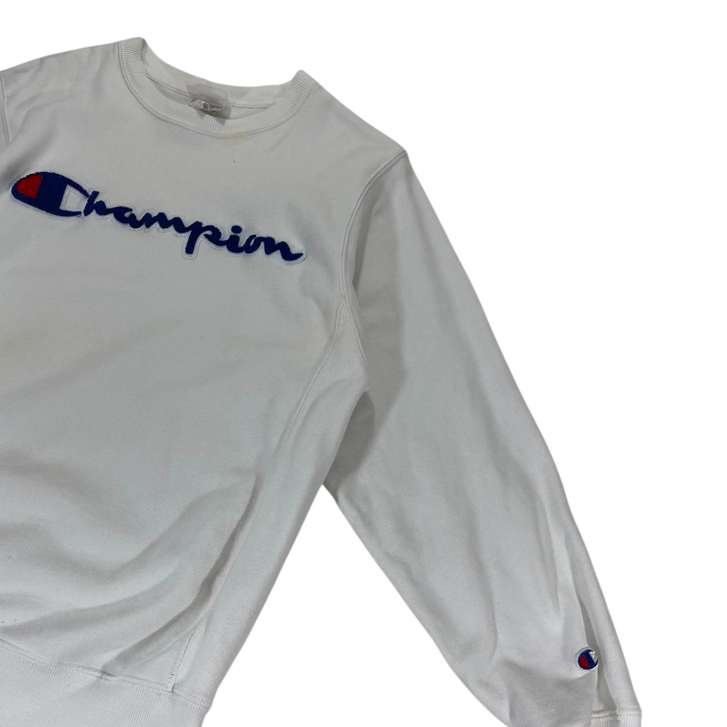 CHAMPION WHITE CREWNECK SWEATSHIRT WITH EMBROIDERED LOGO (S-M)