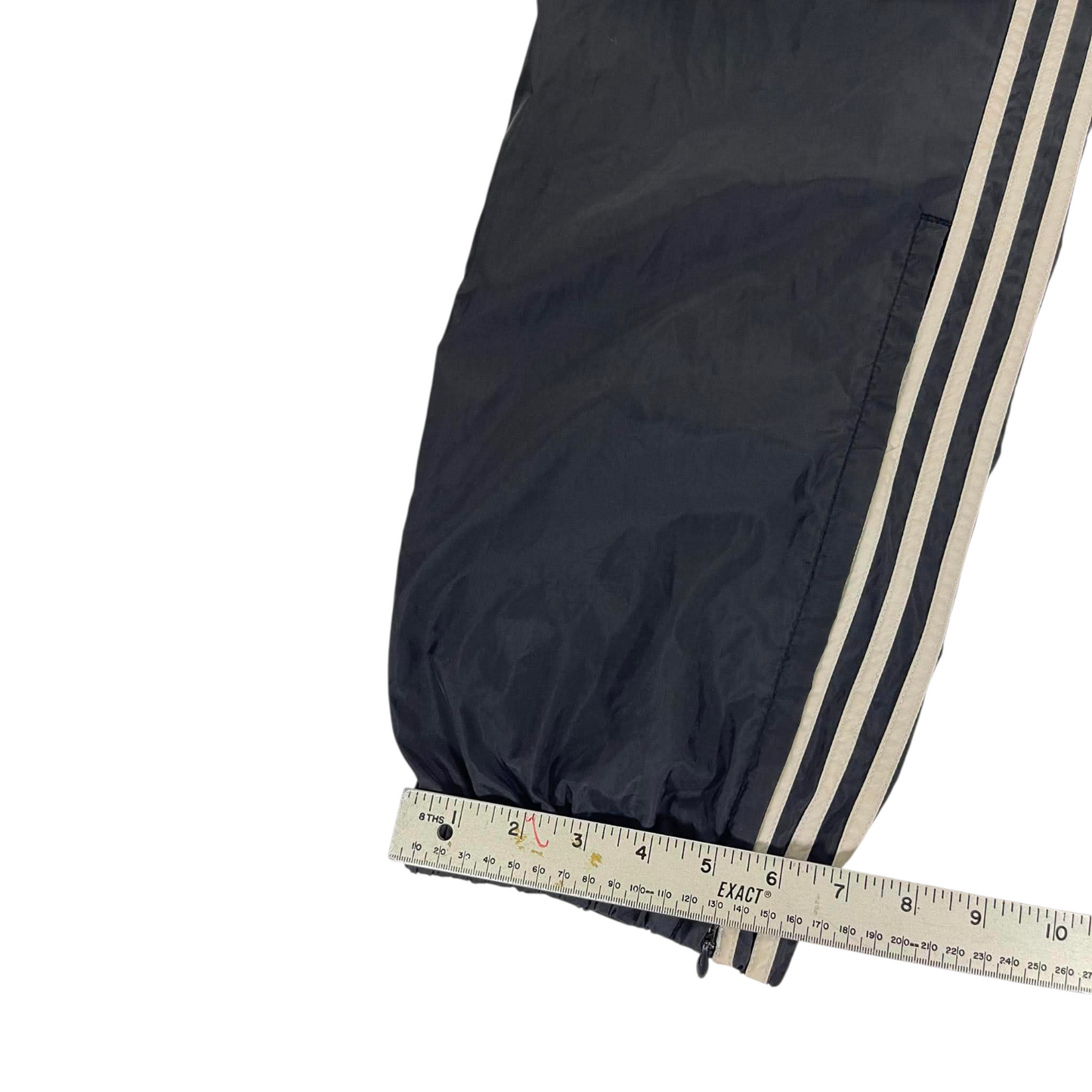 VINTAGE LIGHTWEIGHT ADIDAS BLACK TRACK PANTS WITH WHITE STRIPES (XL)