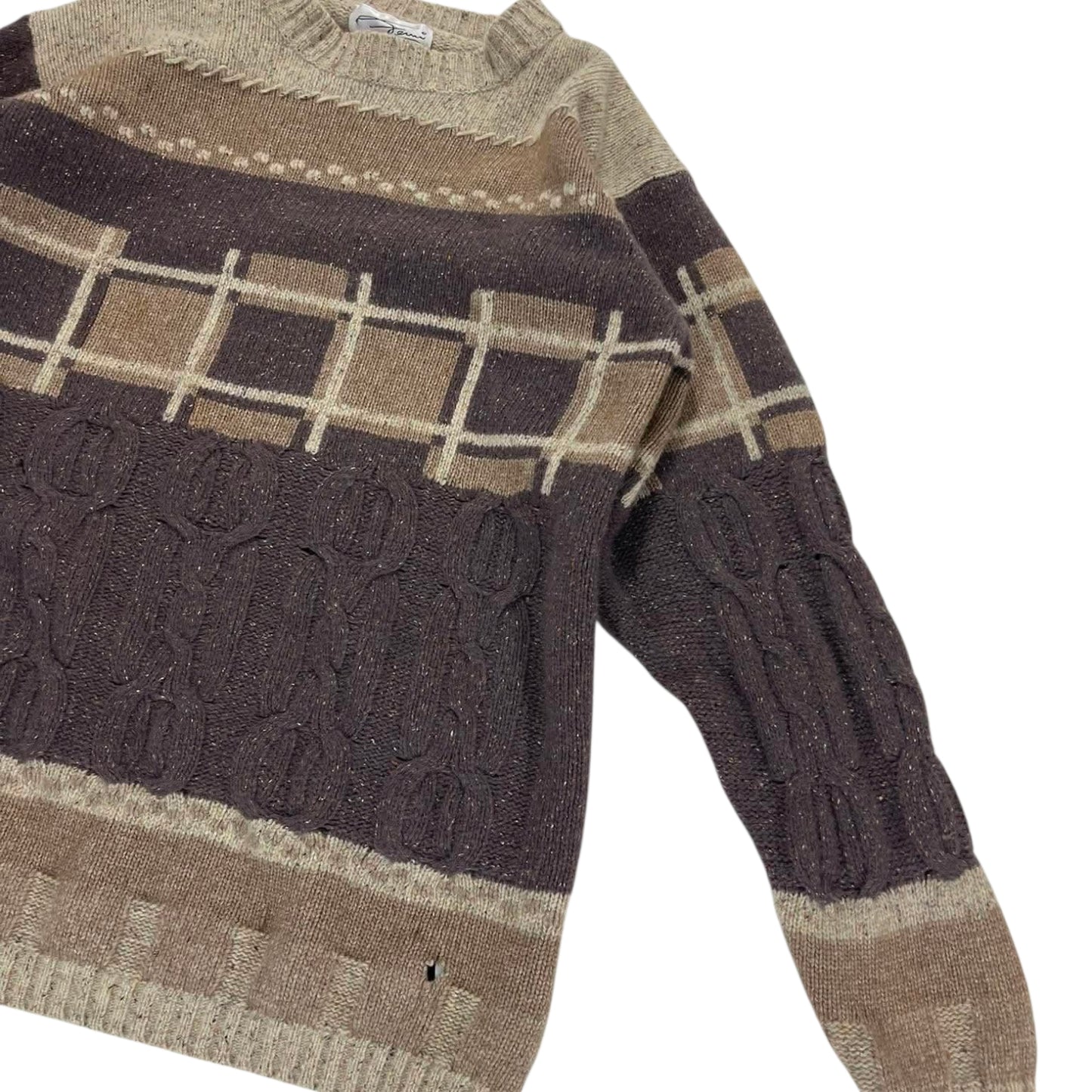 90S BROWN & TAN PLAID KNIT SWEATER (M)