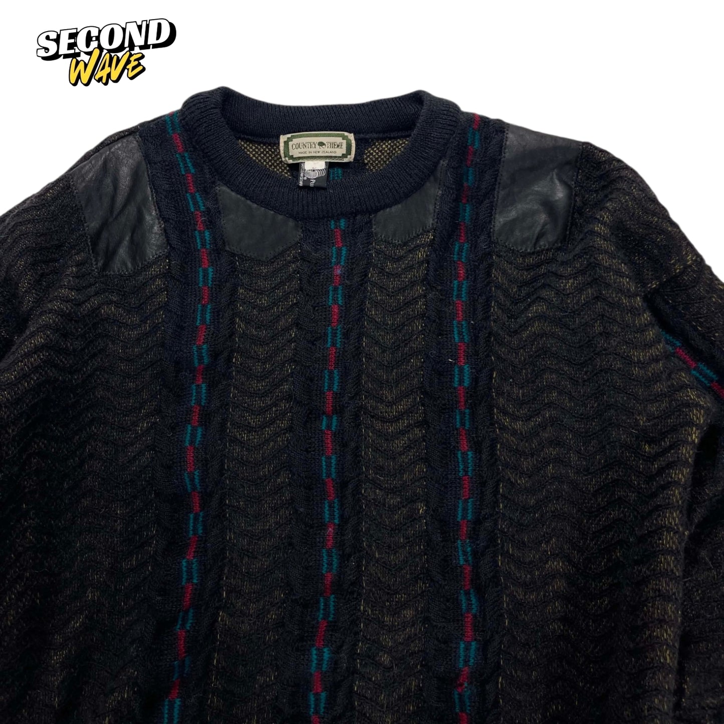 90S COUNTRY THEME PURE WOOL BLACK KNIT SWEATER (M)