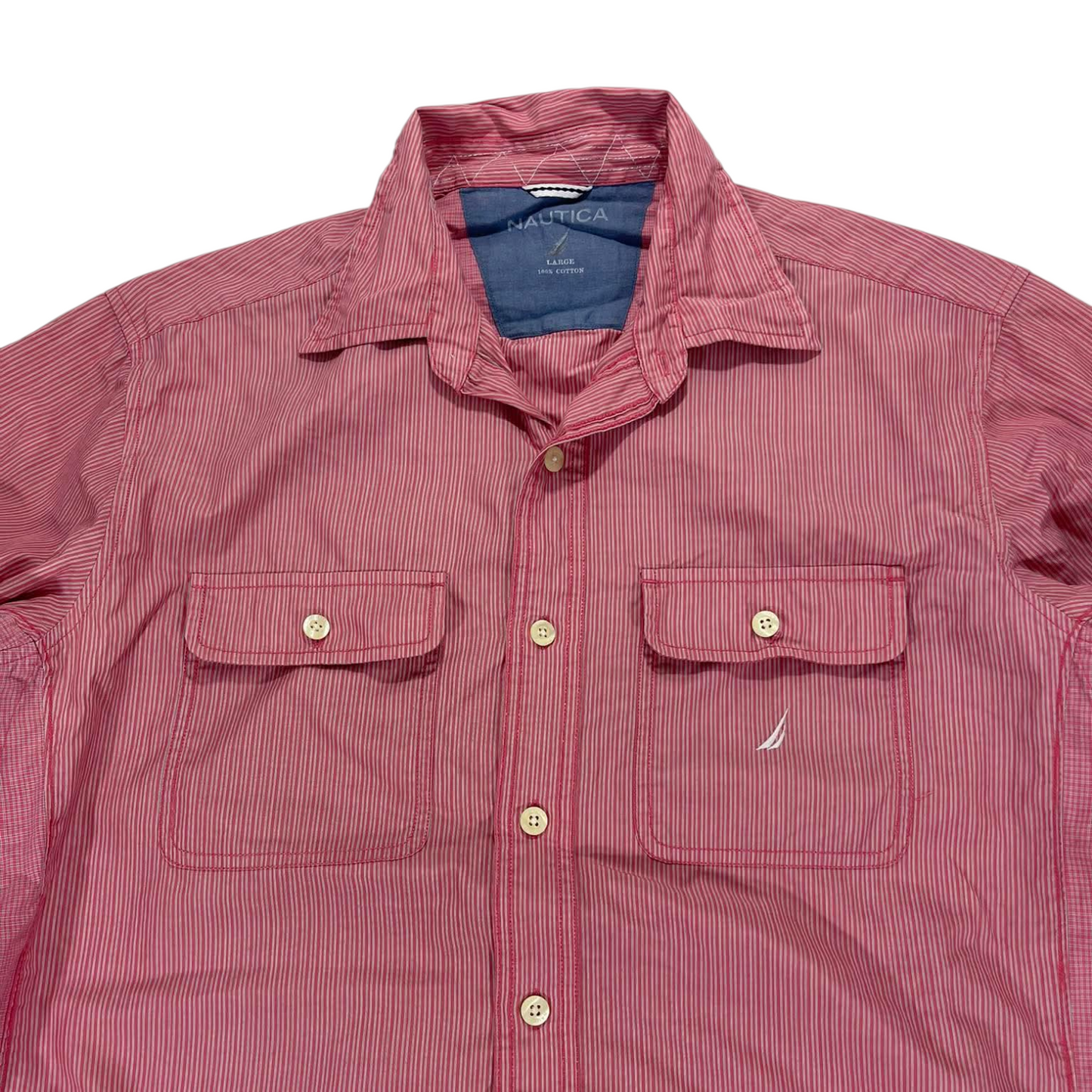 VINTAGE NAUTICA RED STRIPED BUTTON UP SHIRT (L)