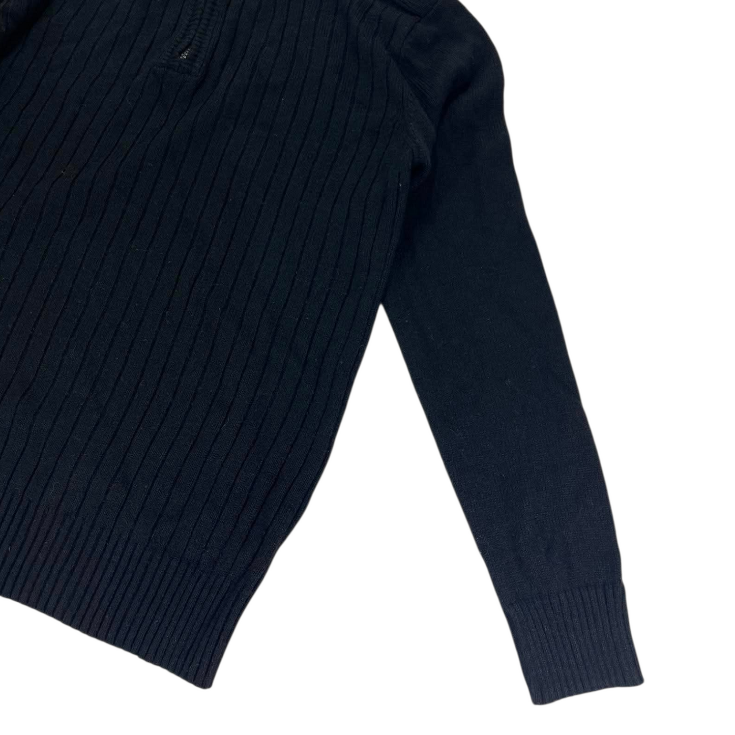 PILGRIM BLACK QUARTER ZIP SWEATER WITH RIBBED COLLAR AND CUFFS (S-M)