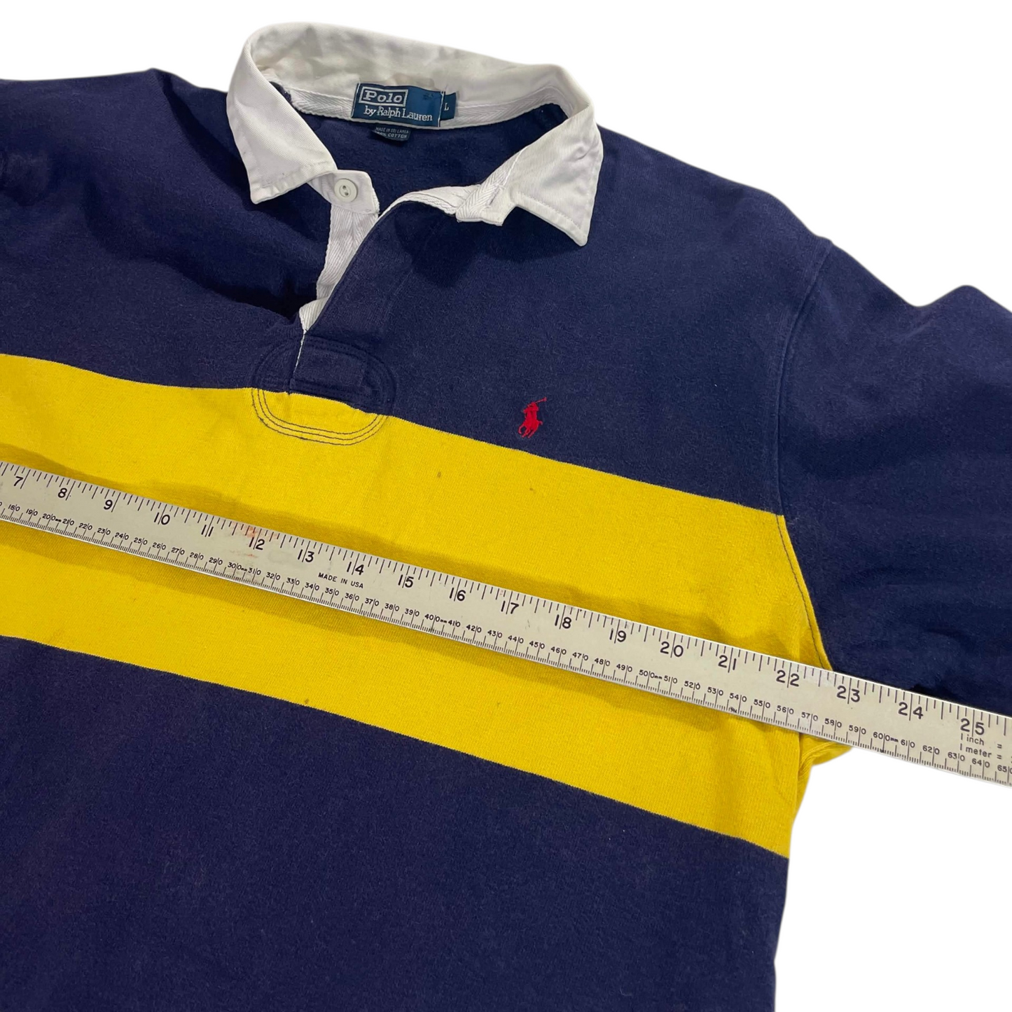 VINTAGE POLO RALPH LAUREN BLUE & YELLOW RUGBY SHIRT (L)