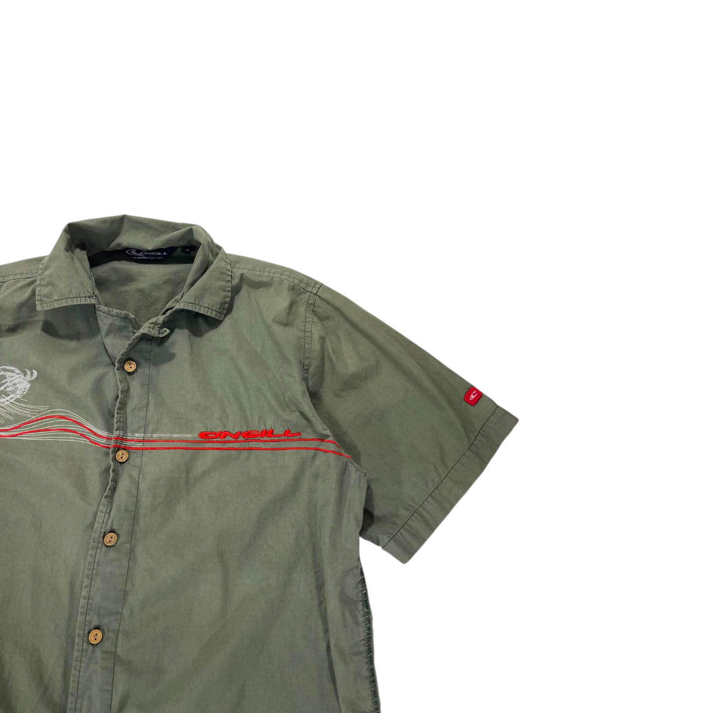 VINTAGE O'NEILL GREEN BUTTON UP SHIRT WITH RED ACCENTS (M)