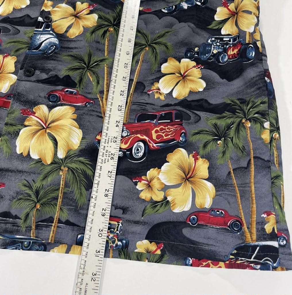 VINTAGE HAWAIIAN MULTICOLOURED SHIRT WITH HOT ROD CARS AND PALM TREES (XL-XXL)
