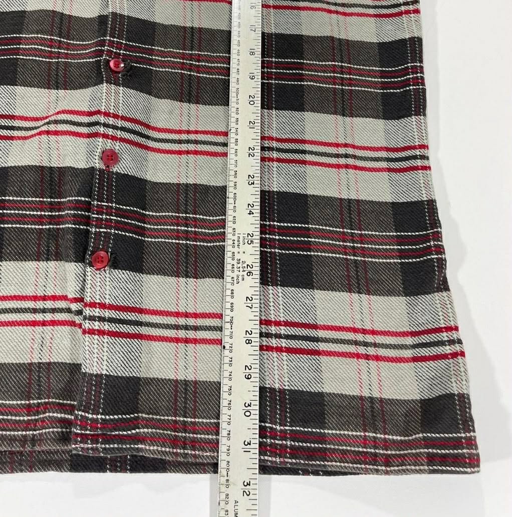 VINTAGE HEAVY MATERIAL RED AND GREY PLAID BUTTON UP SHIRT (L-XL)