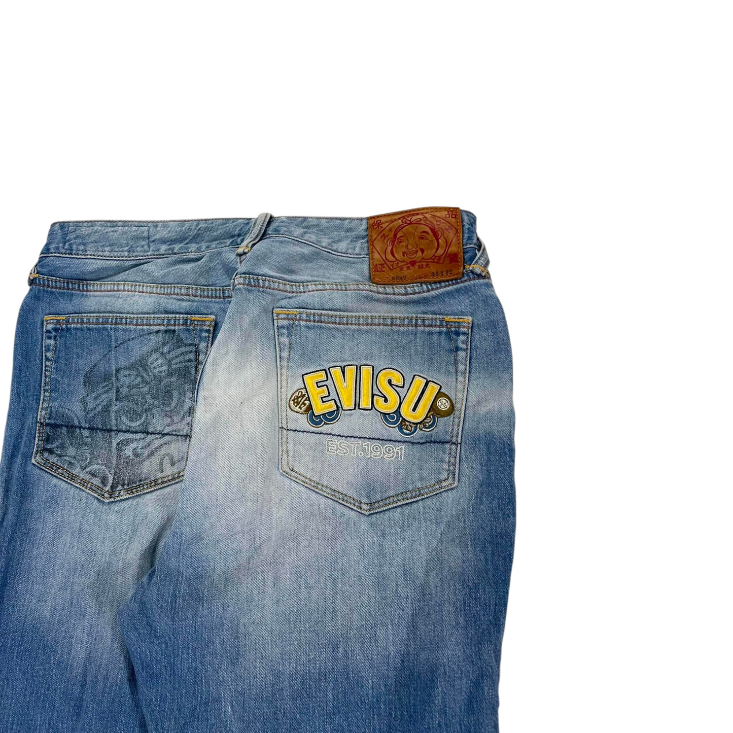 Y2K EMBROIDERED EVISU BLUE DENIM JEANS (32)
