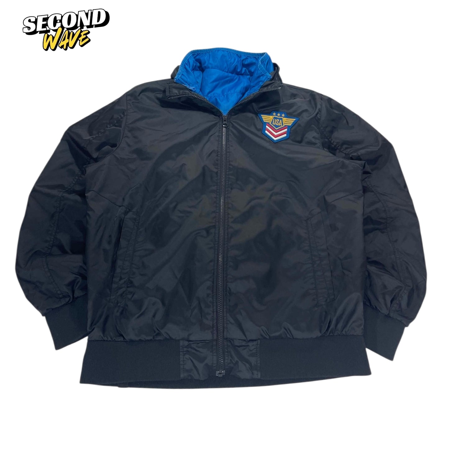 VINTAGE 2 IN 1 KAPPA REVERSIBLE BLUE AND BLACK PUFFER JACKET (L)