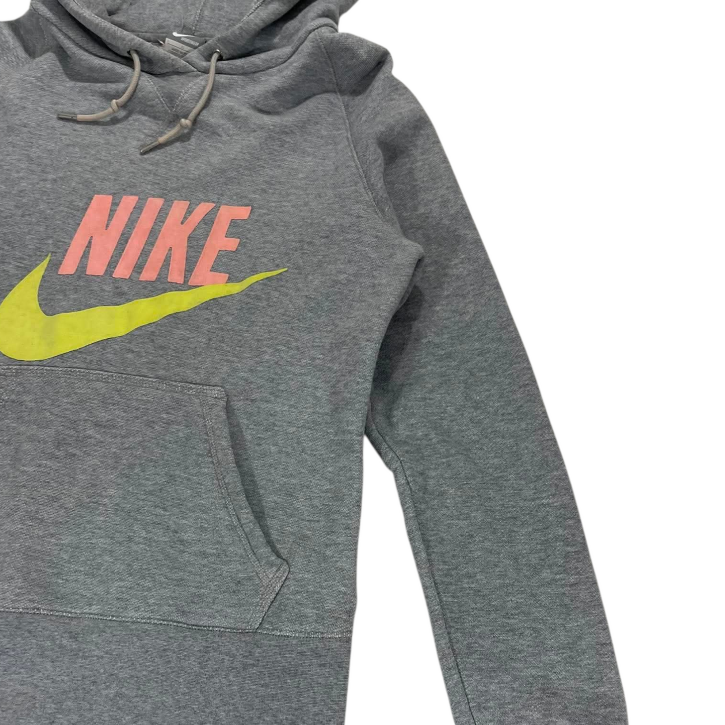 VINTAGE NIKE GREY HOODIE WITH PINK AND YELLOW LOGO (L)