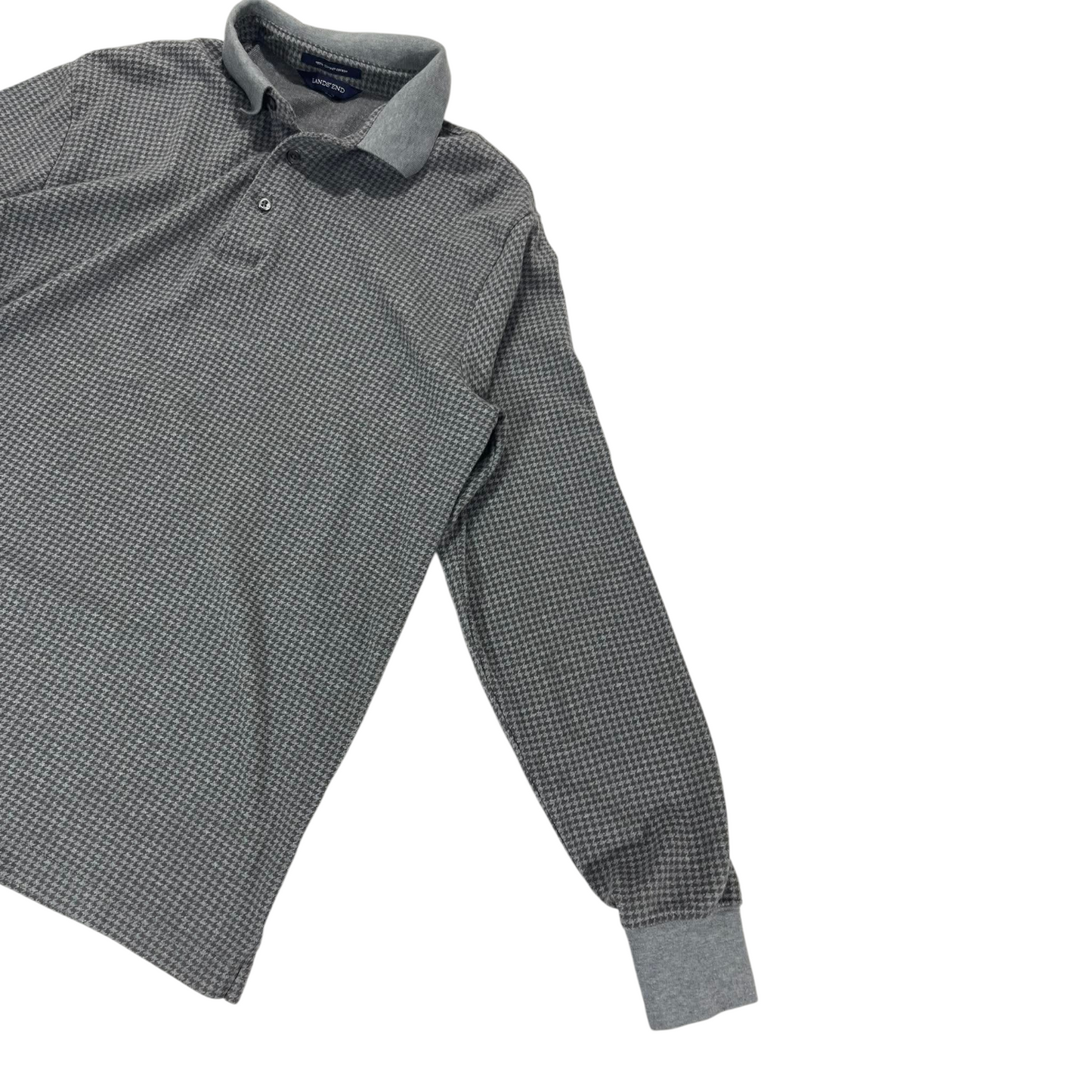 LANDS 'END GREY HOUNDSTOOTH LONG SLEEVE POLO SHIRT (M)