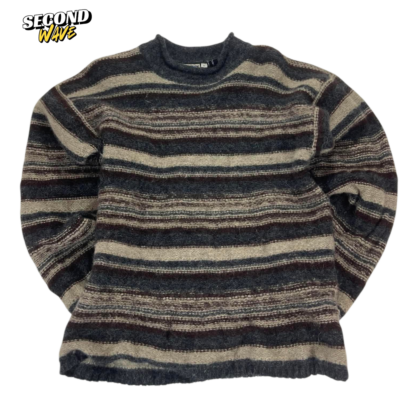 90s BLUE EARTH STRIPED WOOL SWEATER (M)