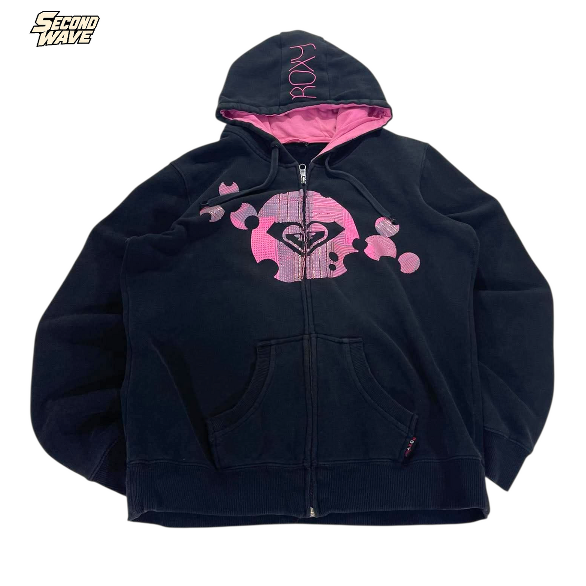 Y2K TRASHED VIBES ROXY BLACK ZIP UP HOODIE (M)