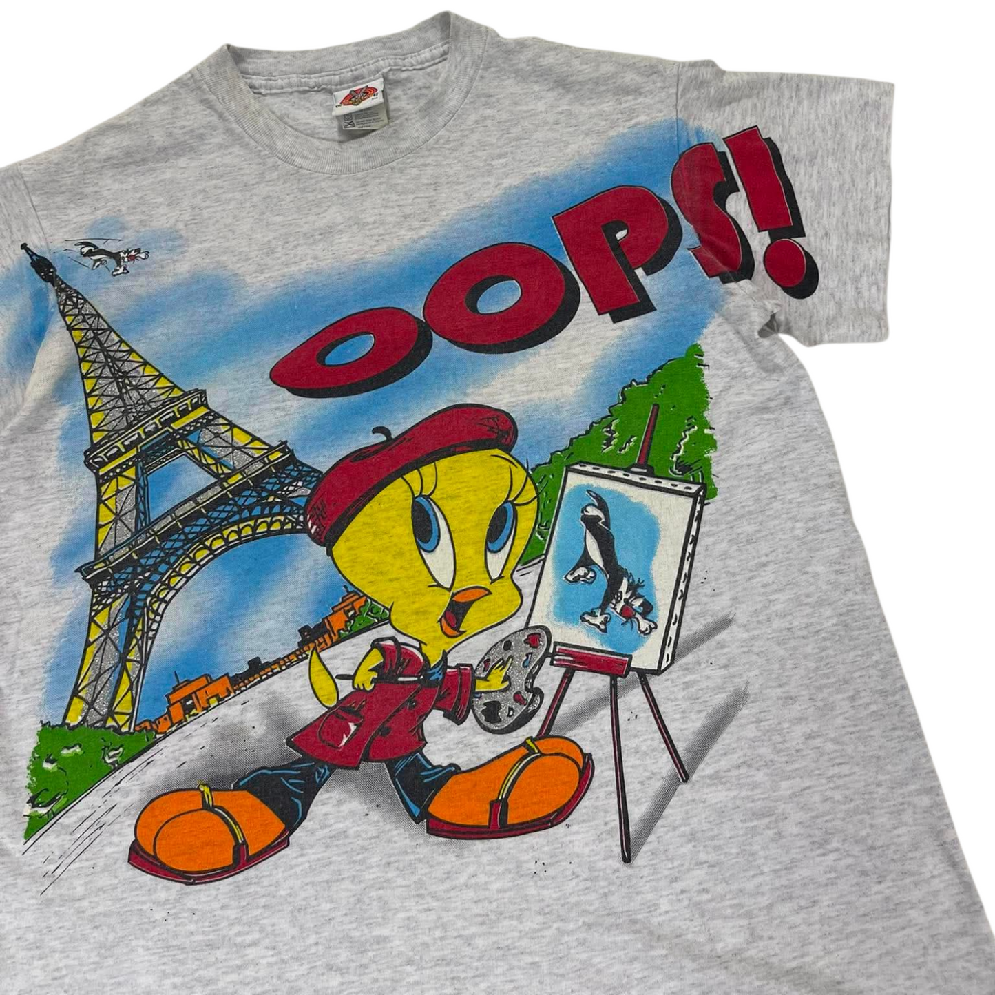 VINTAGE SINGLE STITCHED LOONEY TUNES TWEETY BIRD GREY COTTON T-SHIRT (L)