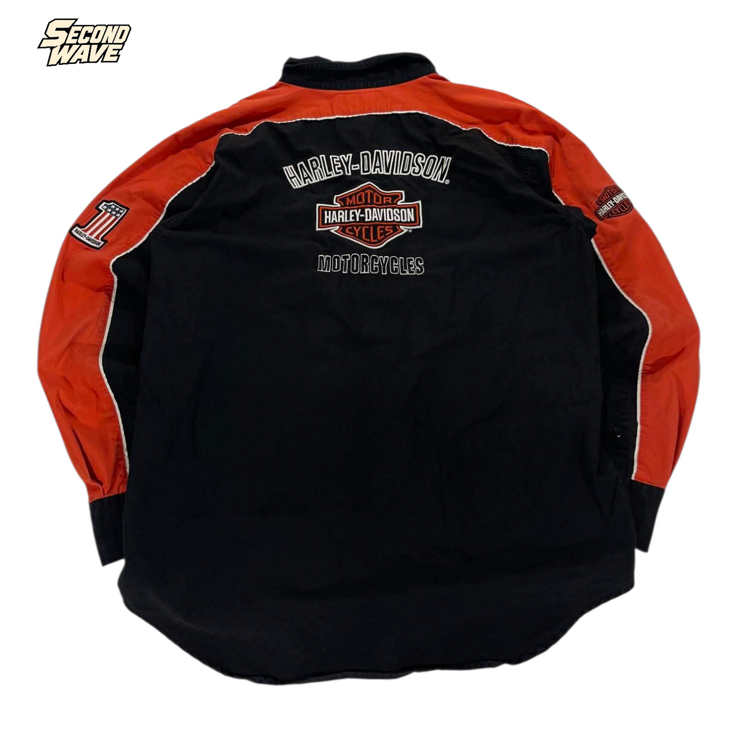 HARLEY DAVIDSON BLACK & ORANGE BUTTON-UP (L)