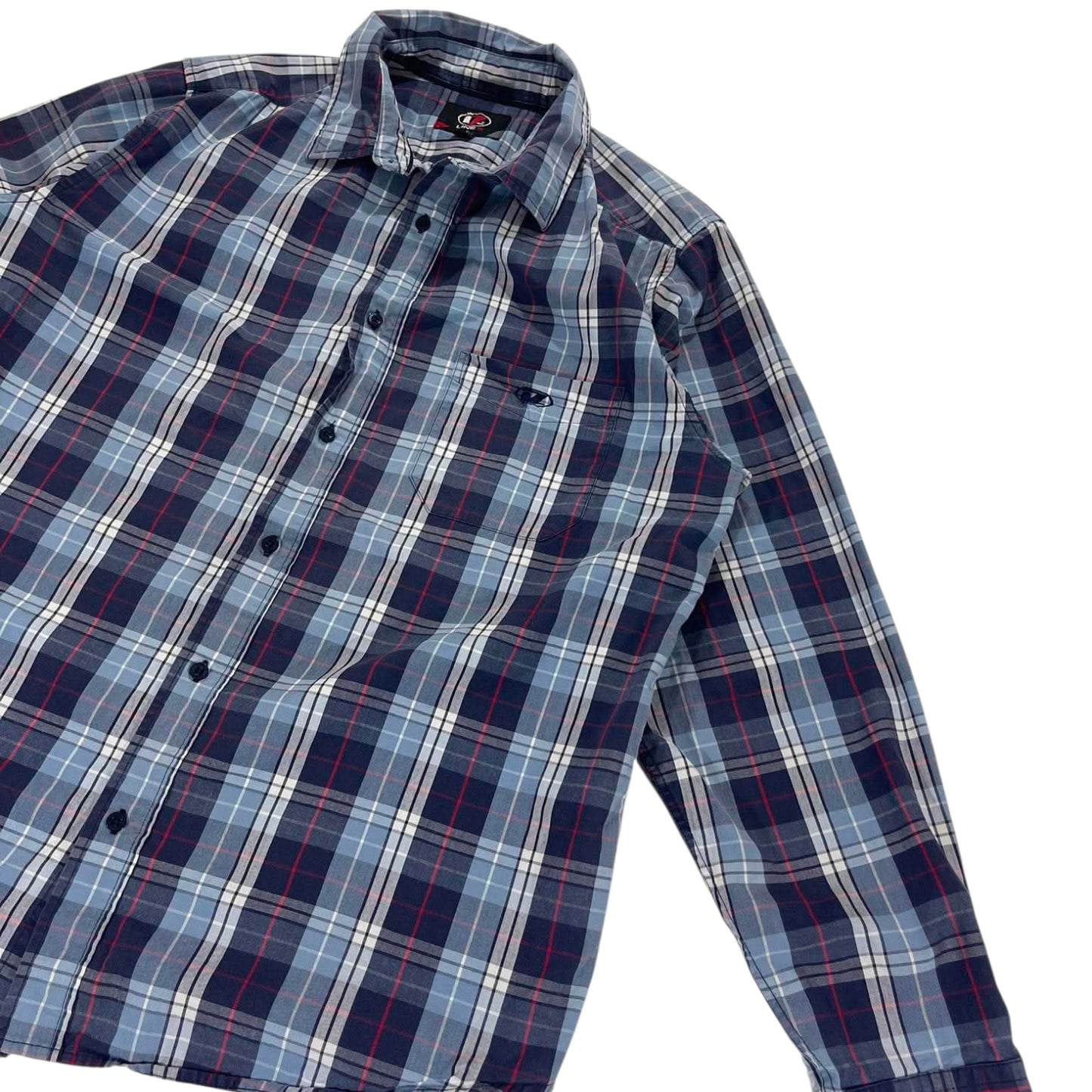 90S LINE 7 BLUE PLAID BUTTON UP SHIRT (L)