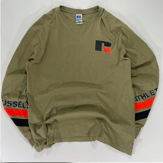 VINTAGE RUSSELL ATHLETIC KHAKI LONGSLEEVED SHIRT WITH BOLD LOGO (L-XL)