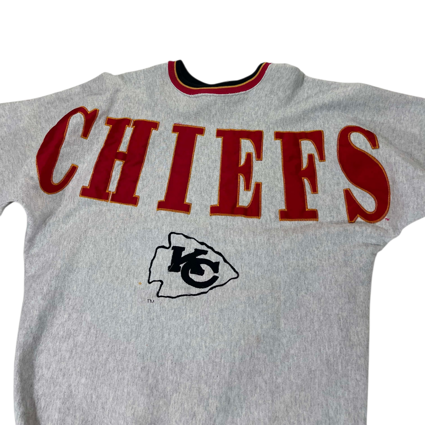 VINTAGE EMBROIDERED SPELLOUT NFL KANSAS CITY CHIEFS GRAY CREWNECK (XL)