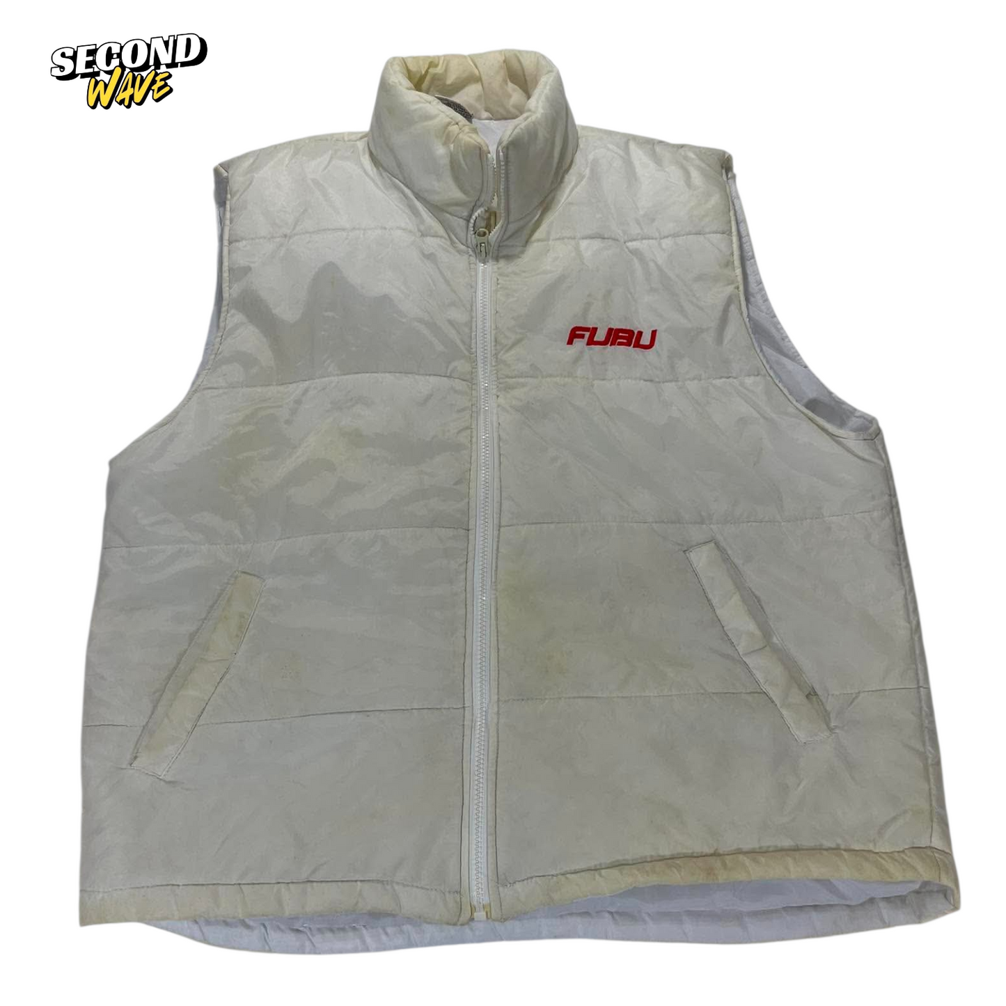 VINTAGE TRASHED FUBU WHITE PUFFER VEST (L)