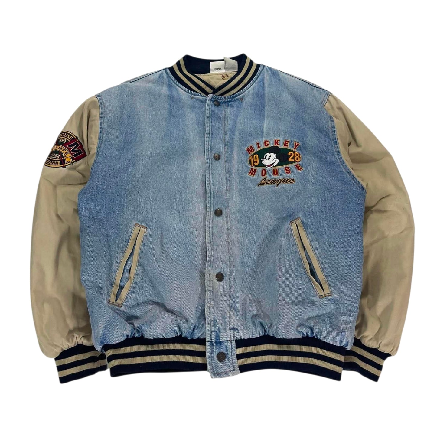 VINTAGE DISNEY MICKET MOUSE BLUE DENIM VARSITY JACKET (L)