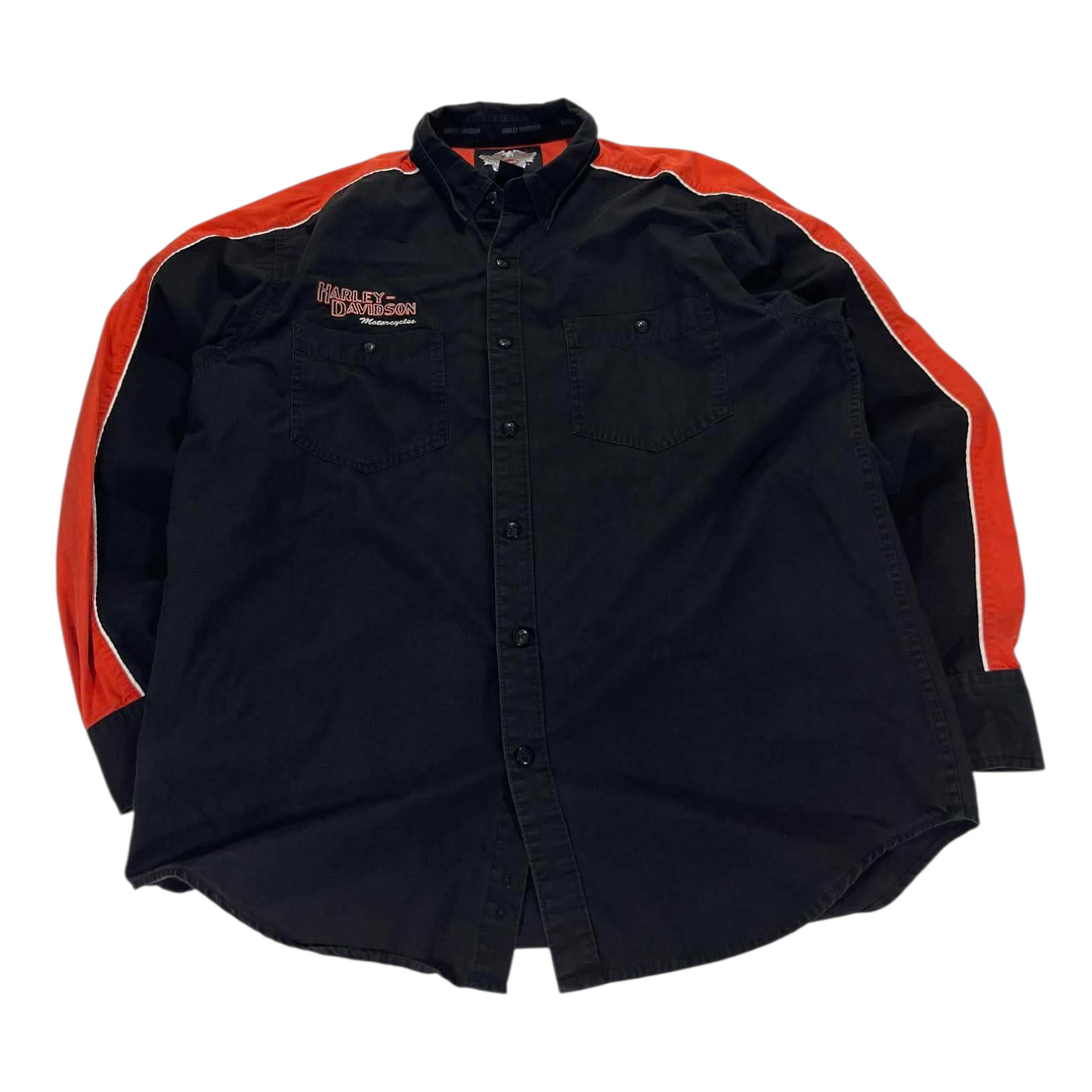 HARLEY DAVIDSON BLACK & ORANGE BUTTON-UP (L)