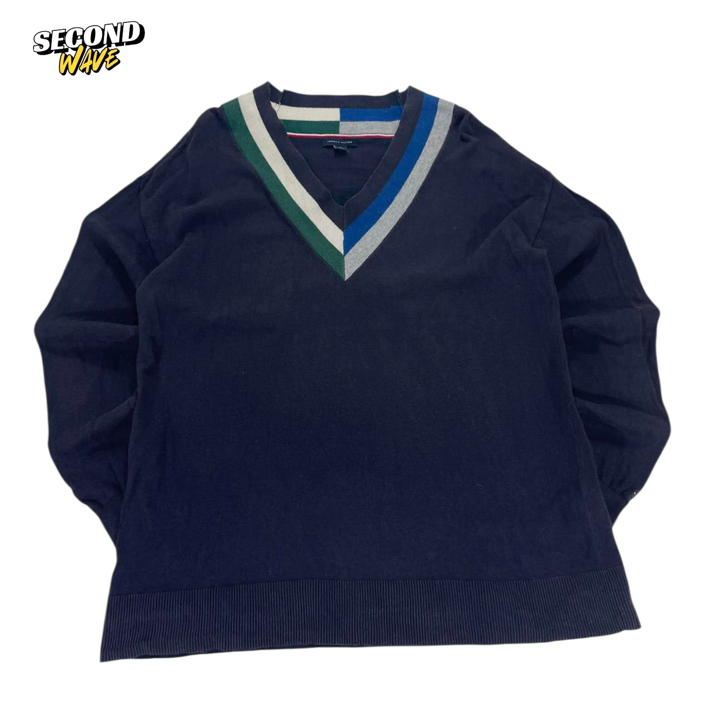 TOMMY HILFIGER NAVY BLUE STRIPED V-NECK SWEATER (M)