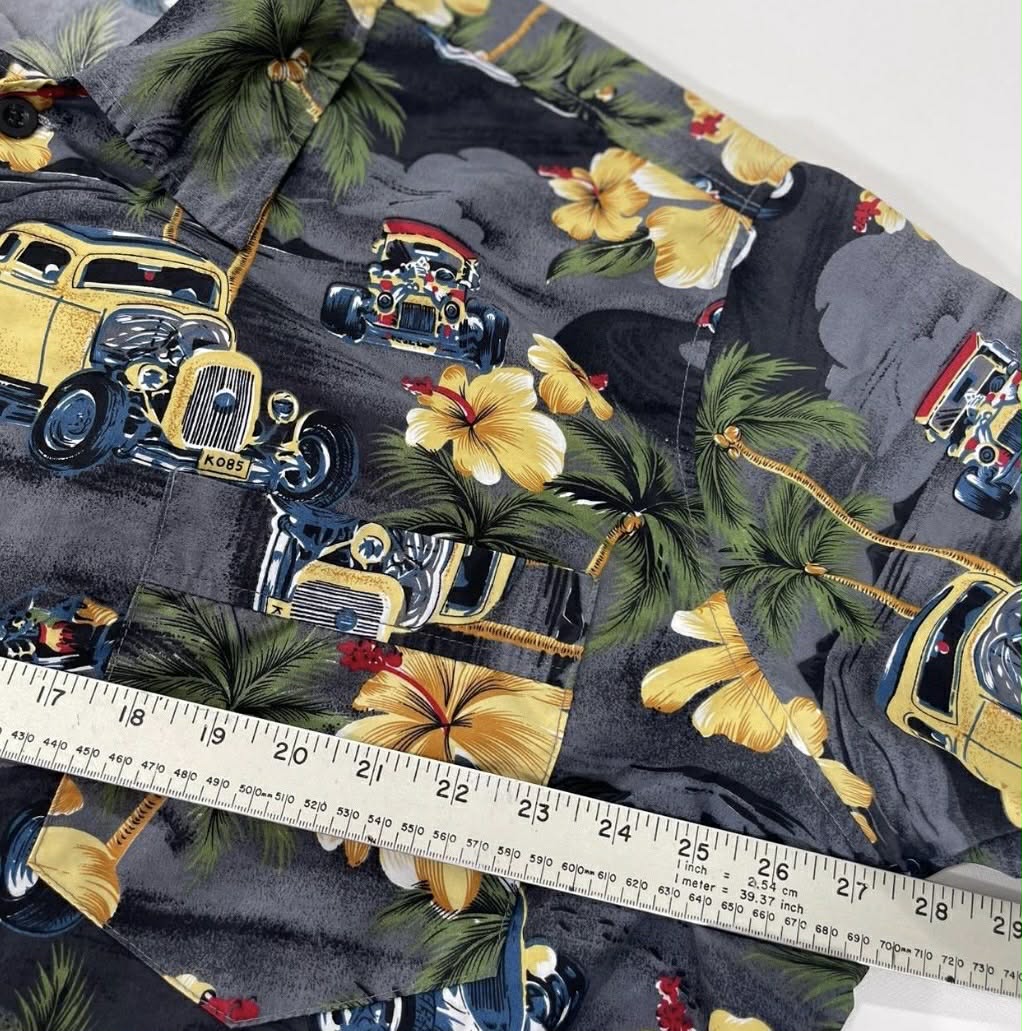 VINTAGE HAWAIIAN MULTICOLOURED SHIRT WITH HOT ROD CARS AND PALM TREES (XL-XXL)