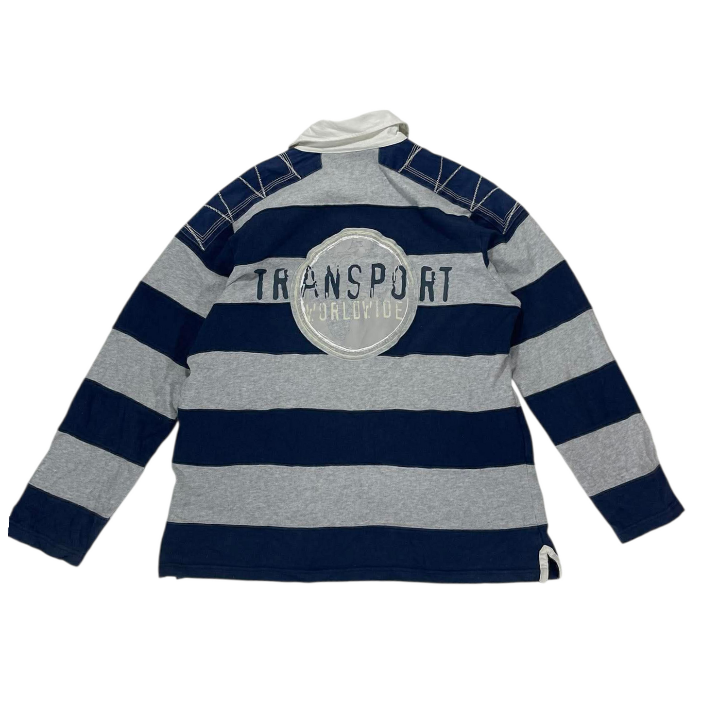 MAN NAVY BLUE & GREY STRIPED LONG SLEEVE POLO SHIRT (L)