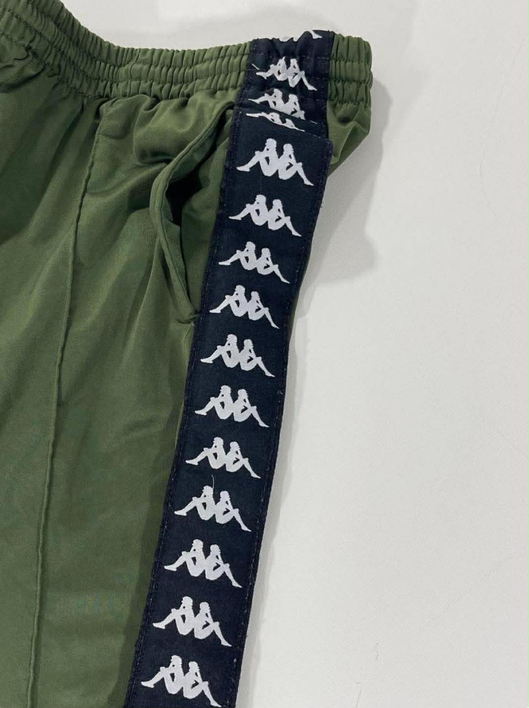 KAPPA GREEN TRACK PANTS WITH WHITE & NAVY STRIPES (M-L)