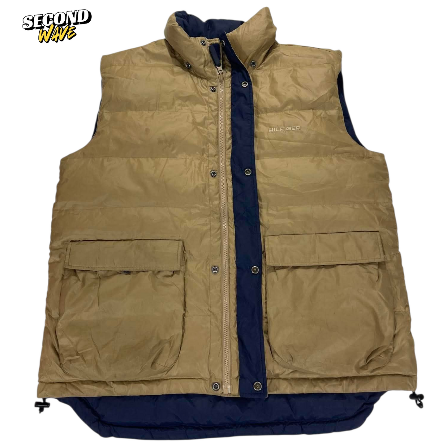 VINTAGE 2 IN 1 TOMMY HILFIGER NAVY AND TAN PUFFER VEST (L)