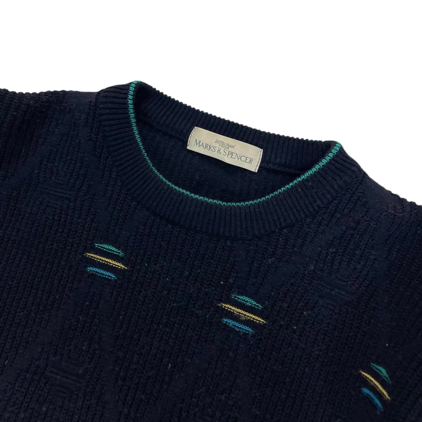 NAVY BLUE MARKS & SPENCER KNITTED SWEATER GREEN AND YELLOW DETAILS (M)
