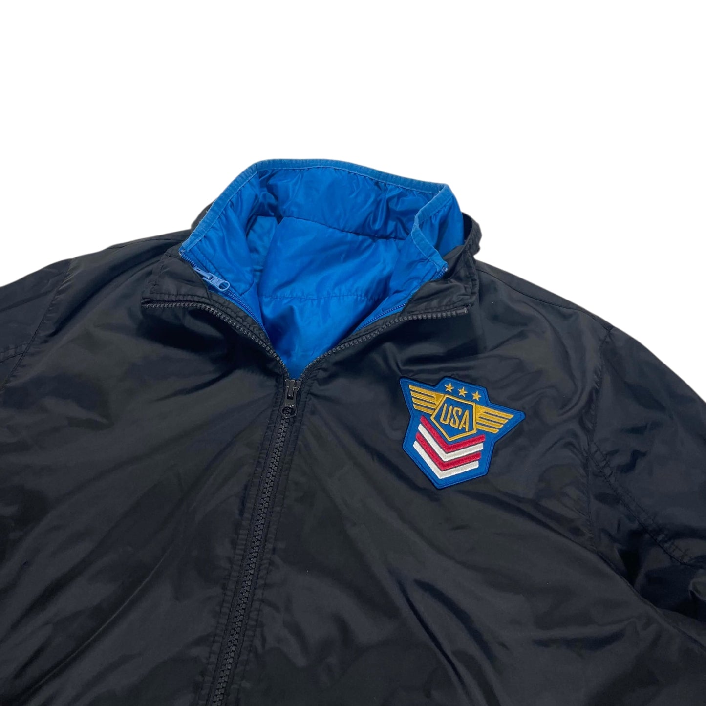 VINTAGE 2 IN 1 KAPPA REVERSIBLE BLUE AND BLACK PUFFER JACKET (L)