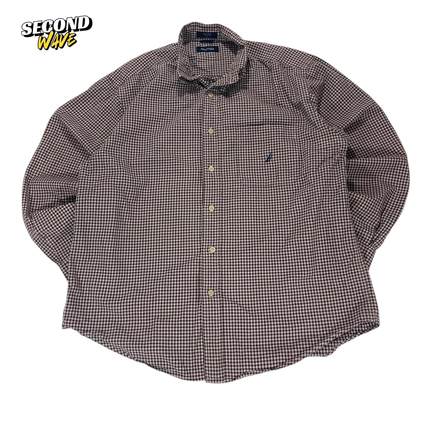 NAUTICA BROWN GINGHAM BUTTON DOWN SHIRT (L)