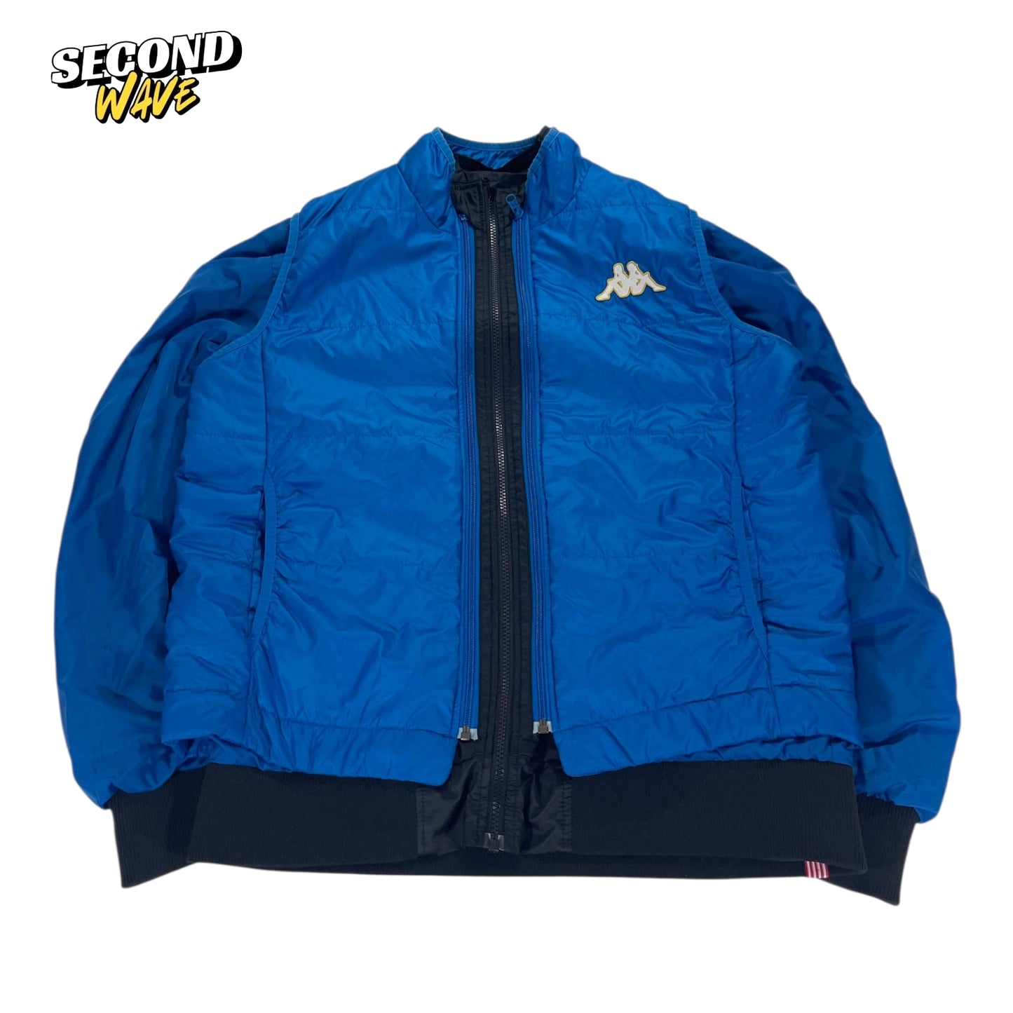VINTAGE 2 IN 1 KAPPA REVERSIBLE BLUE AND BLACK PUFFER JACKET (L)