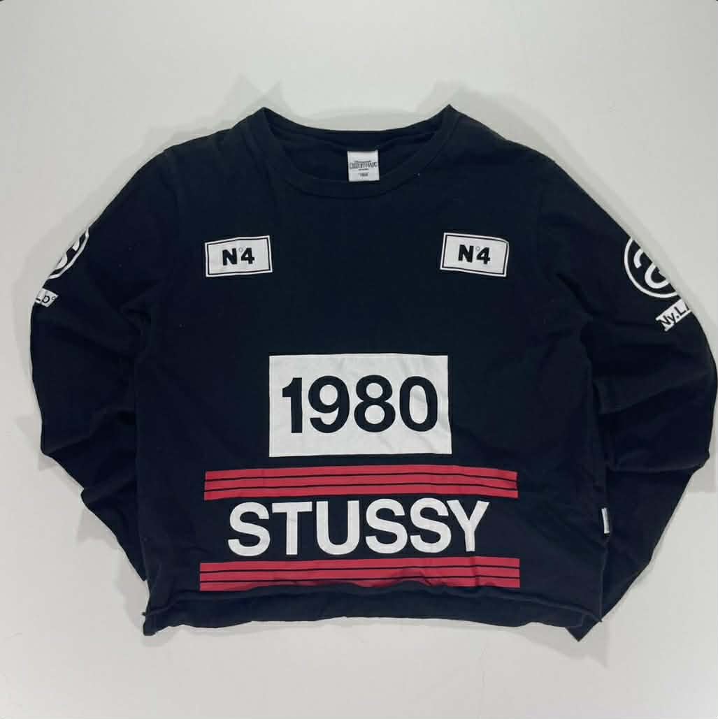 VINTAGE CROPPED STUSSY BLACK LONG SLEEVED SHIRT (M)