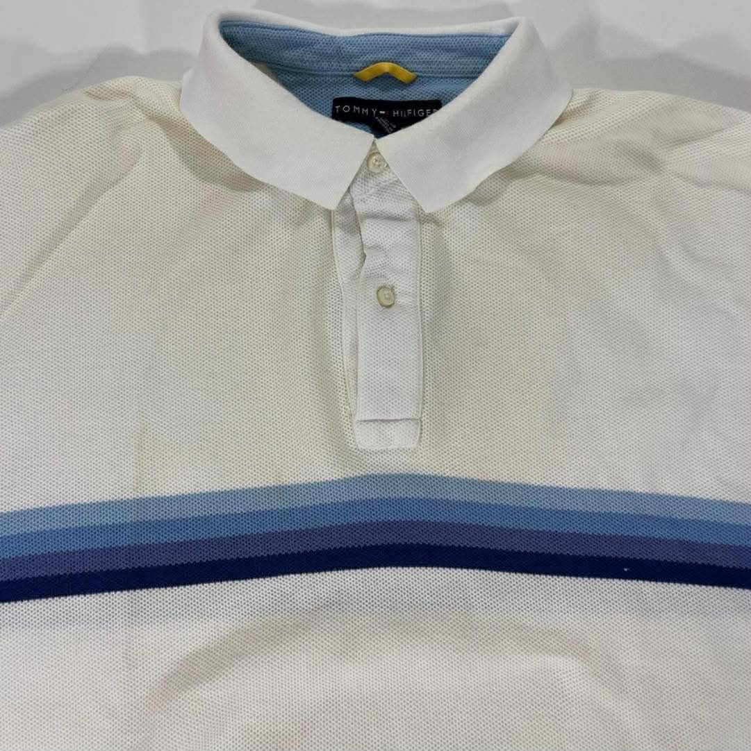 VINTAGE CREAM TOMMY HILFIGER POLO SHIRT WITH BLUE STRIPES (L-XL)
