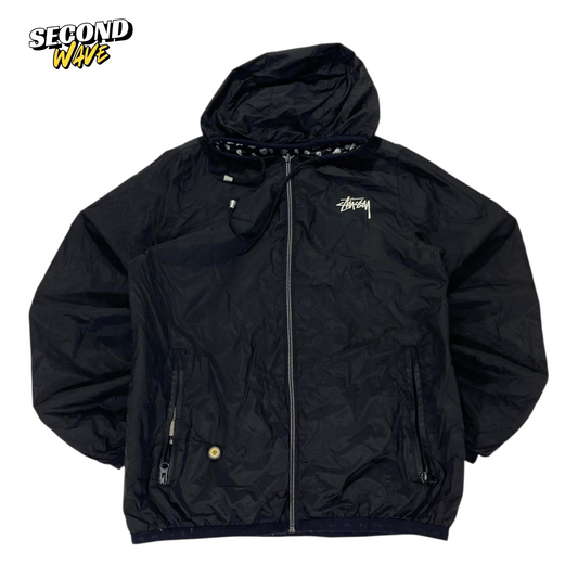 2 in 1 STUSSY BLACK WINDBREAKER REVERSIBLE JACKET WITH HOOD AND FRONT POCKETS (M)