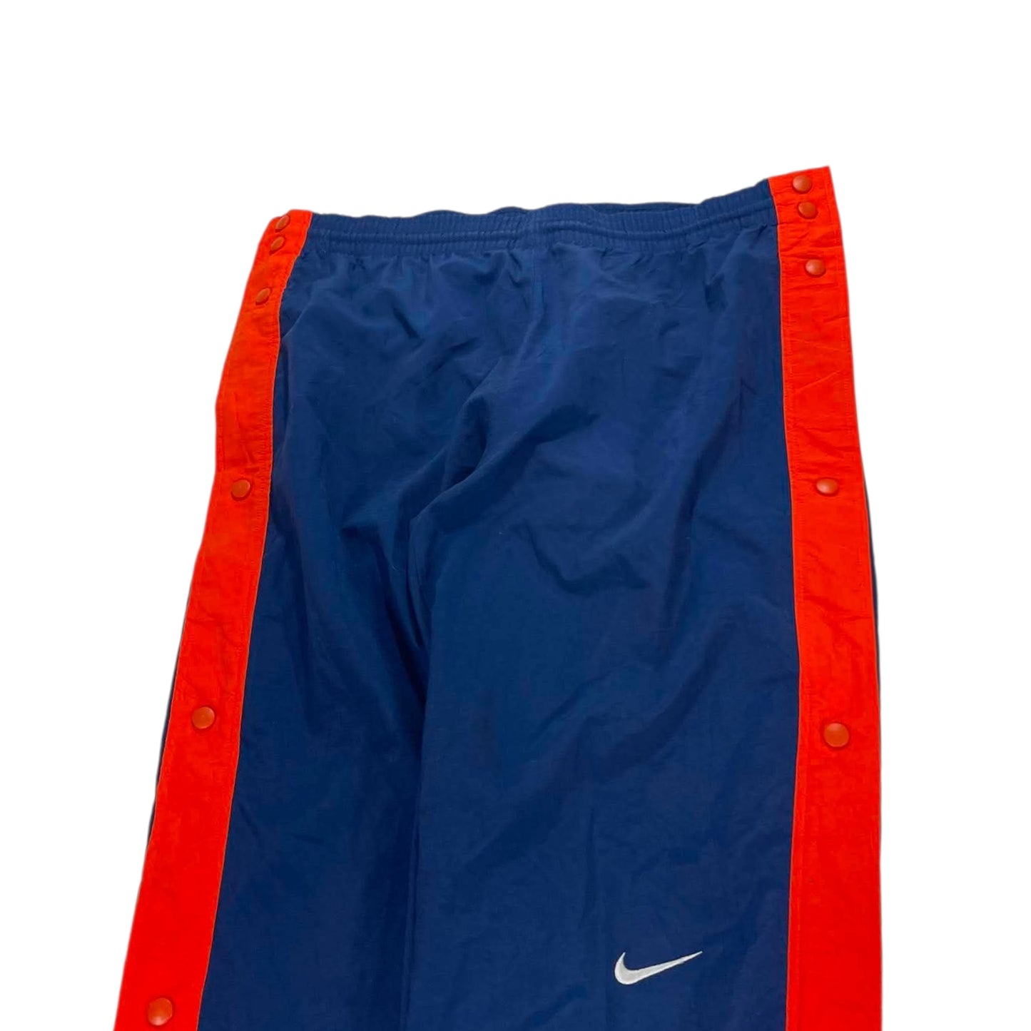 VINTAGE NIKE NAVY BLUE AND ORANGE SNAP ON TRACK PANTS (L)