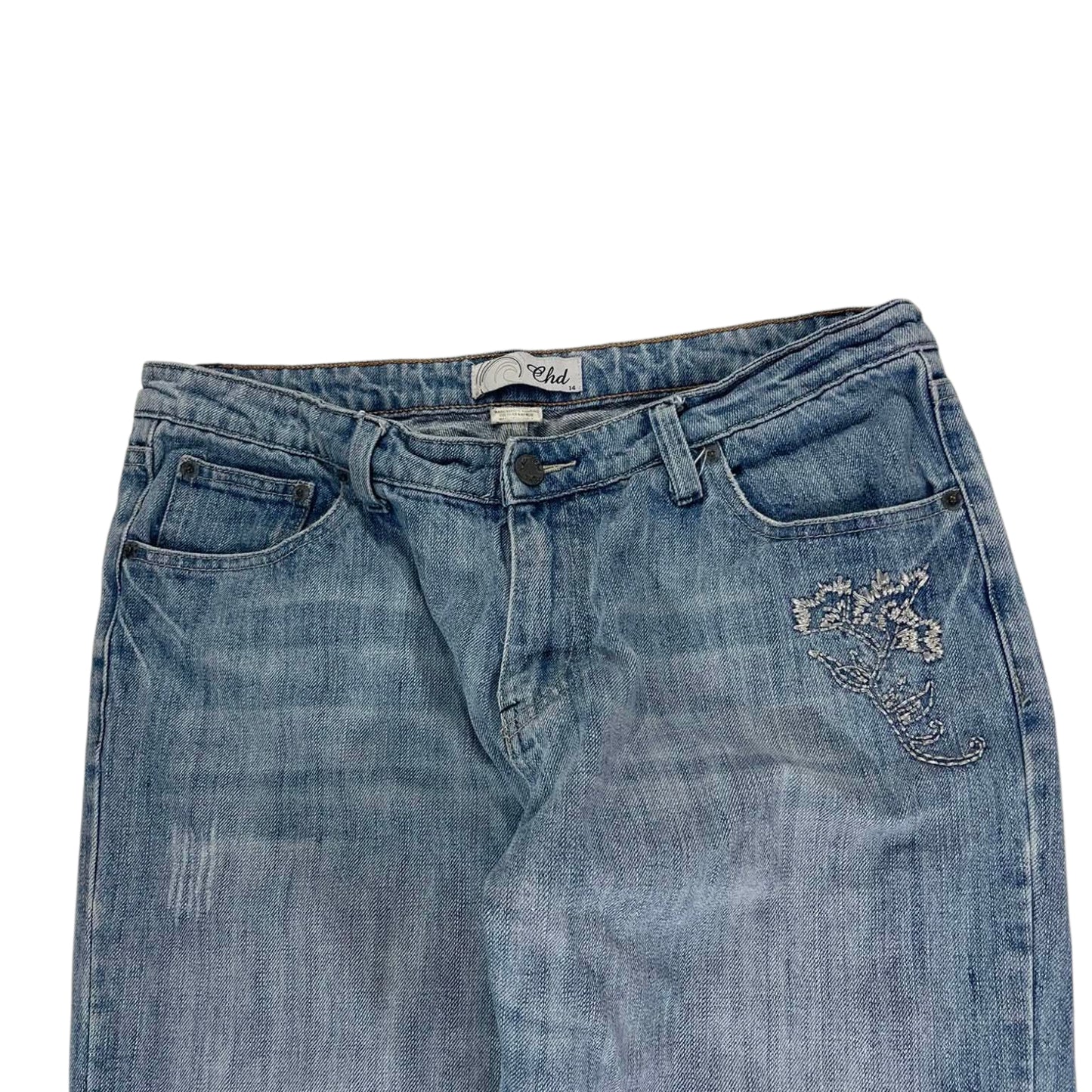 Y2K EMBROIDERED CHD LOW RISE BOOTCUT JEANS (34)