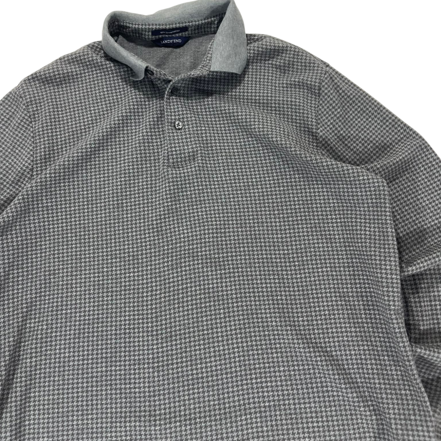 LANDS 'END GREY HOUNDSTOOTH LONG SLEEVE POLO SHIRT (M)